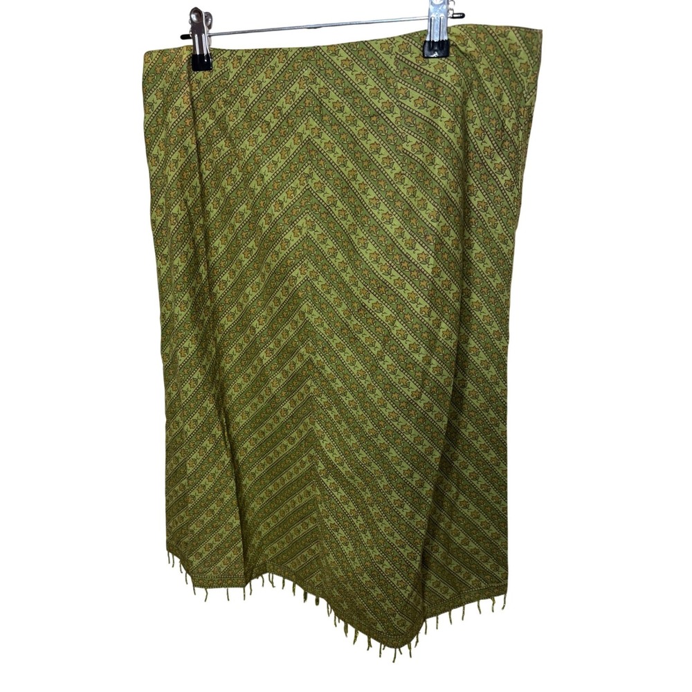 Funky People Green Cotton Chevron Floral Midi Skirt Beaded Fringe Size L NWT